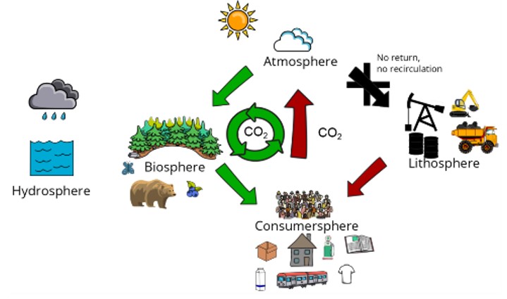 An image of a carbon cycle that is formed by: atmosphere, bioshpere, consumersphere, litosphere and hydrosphere