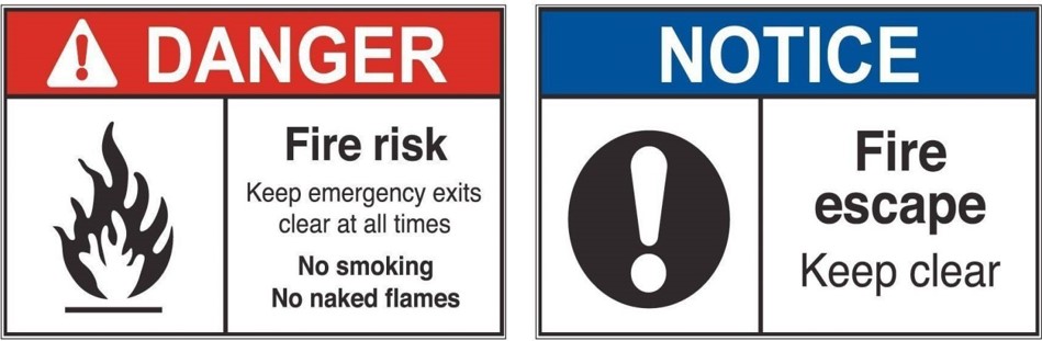 Fire safety signs. Fire risk: keep emergency exits clear at all times, no smoking, no naked flames. Notice fire escape, keep clear