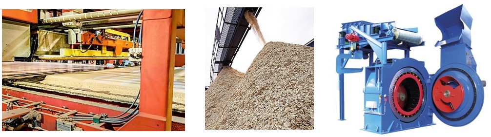images of Particleboard mat (left), wood chips (middle) and a knife ring flaker (right)