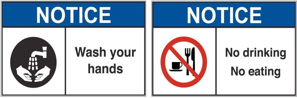 Personal hygiene related safety signs used in industrial mills. The signs have wash your hands and no drinking no eating texts
